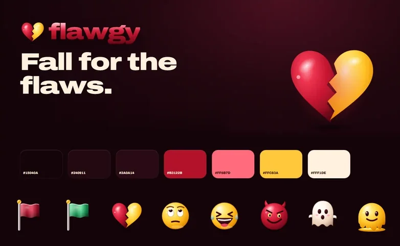 Planche de charte de Flawgy&nbsp;: le logotype, «&nbsp;Fall for the flaws.&nbsp;», le cœur brisé, les couleurs velours, griotte, citron et crème, et huit Flawmojis.