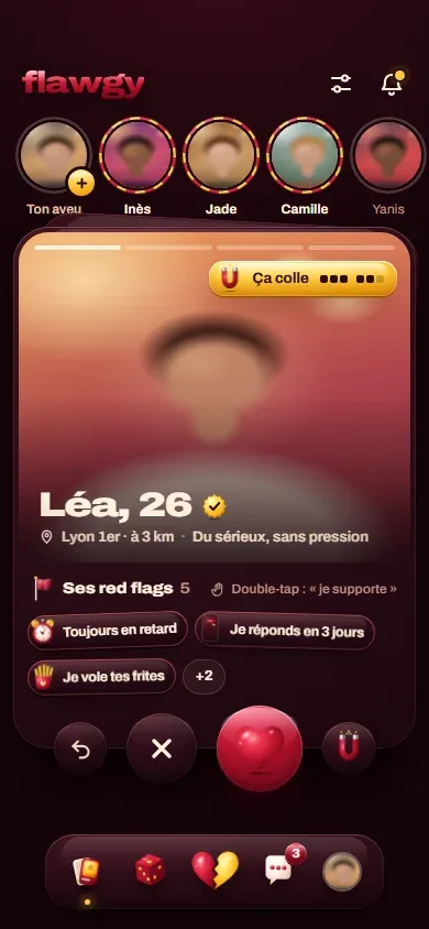 Maquette de Flawgy&nbsp;: Léa, 26 ans, ses red flags «&nbsp;Toujours en retard&nbsp;», «&nbsp;Je réponds en 3 jours&nbsp;» et «&nbsp;Je vole tes frites&nbsp;», et le badge aimanté «&nbsp;Ça colle&nbsp;» qui mesure l’accord.