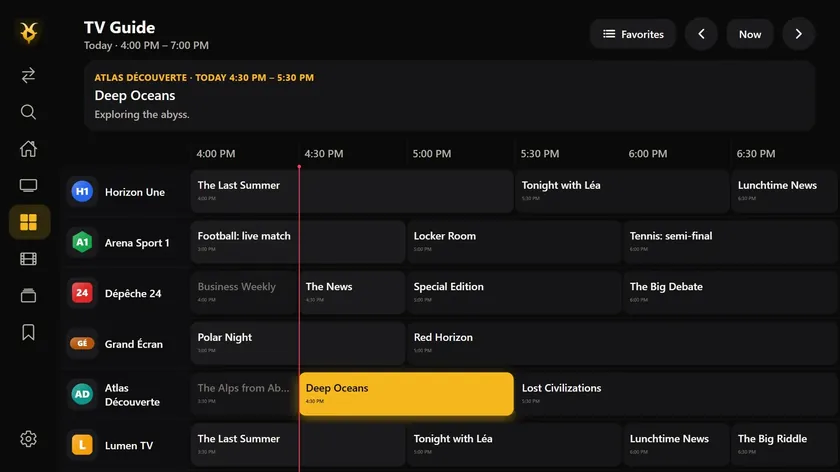 Goat IPTV Player’s TV Guide on Apple TV: the grid from 4:00 to 7:00 PM, channel by channel, with the show on now highlighted.