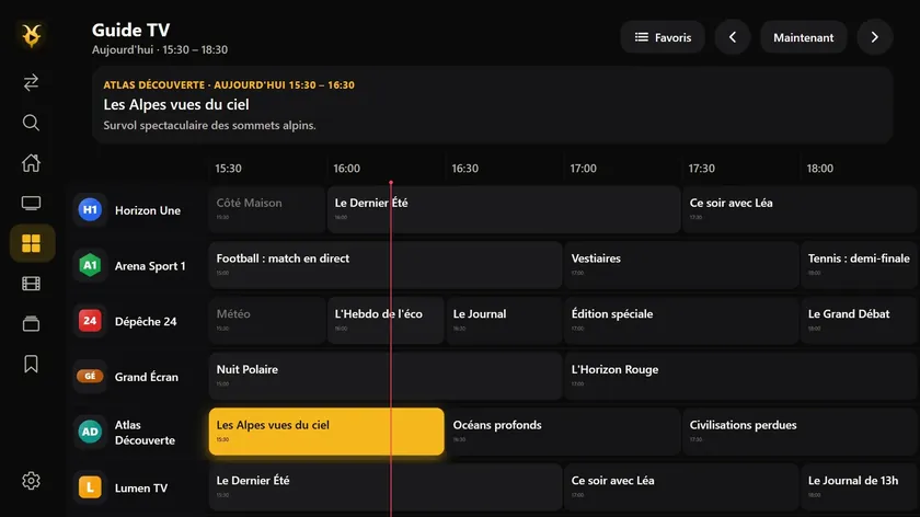 Le guide TV de Goat IPTV Player sur Apple TV&nbsp;: la grille de 15 h 30 à 18 h 30, chaîne par chaîne, avec le programme en cours surligné.