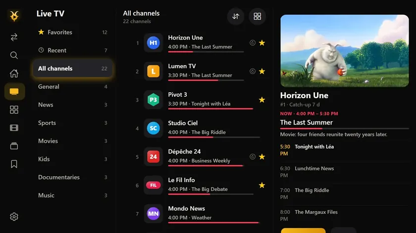 Live TV: the channel list with what’s on now, and a preview of the selected channel.