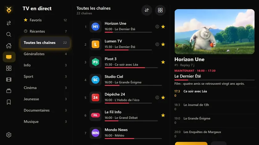 La TV en direct&nbsp;: liste des chaînes avec le programme en cours et l’aperçu de la chaîne choisie.