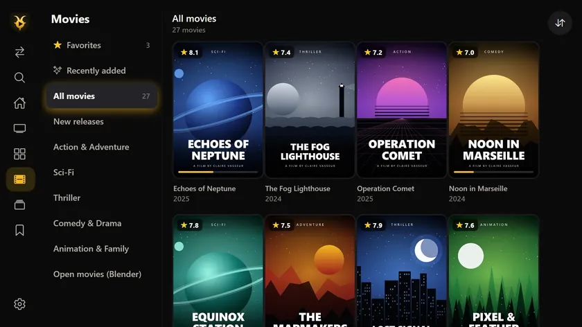 The movie library: posters, ratings and categories.