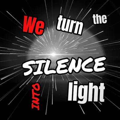 Modèle Manga&nbsp;: «&nbsp;We turn the silence into light&nbsp;» en mots éclatés noirs, blancs et rouges, lignes de vitesse.