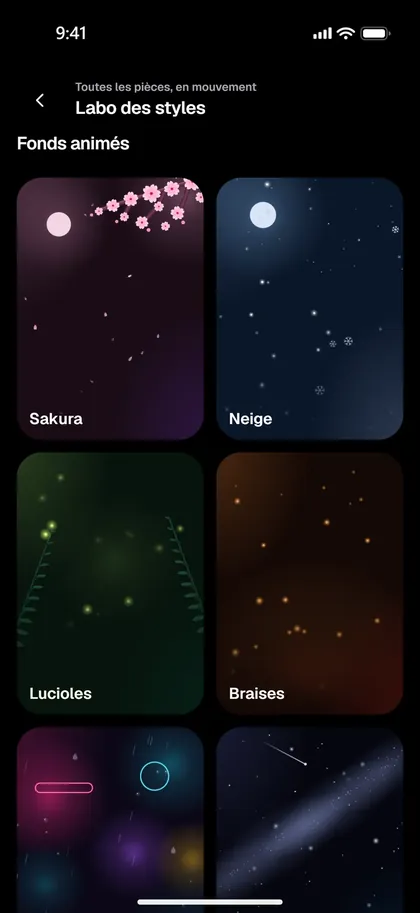 Le labo des styles de Sphely&nbsp;: fonds animés Sakura, Neige, Lucioles, Braises.