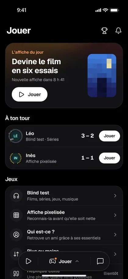 L’écran Jouer de Sphely&nbsp;: «&nbsp;Devine le film en six essais&nbsp;», parties en cours contre Léo et Inès, blind test.